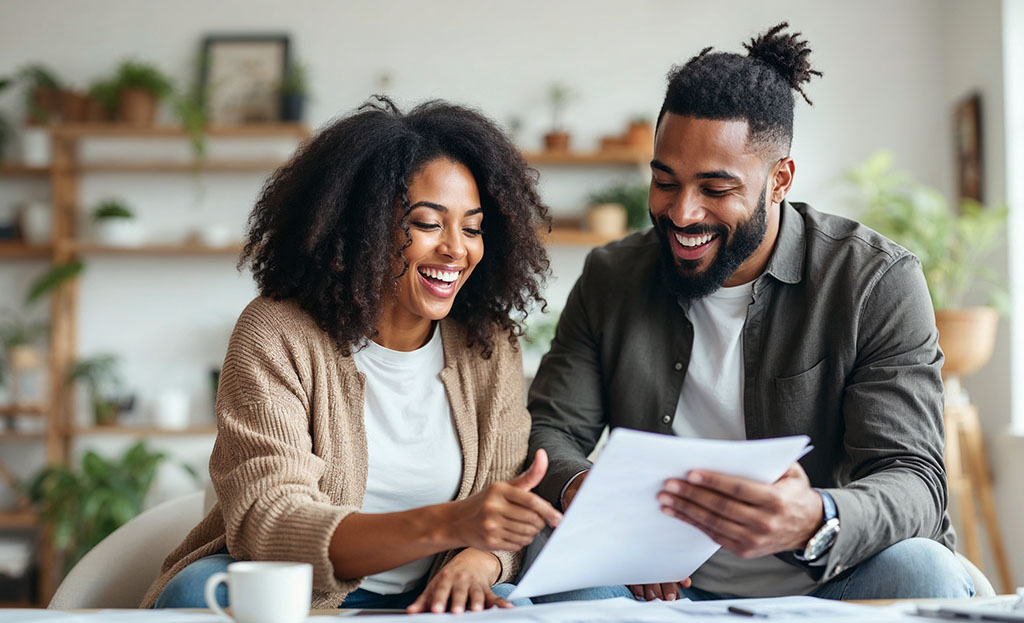 Smiling young multiethnic couple using a laptop during breakfast at home